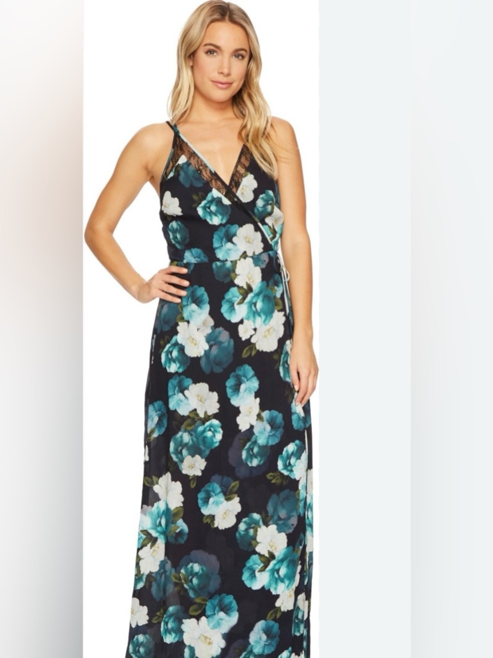 Adelyn Rae Navy Jasmine Maxi Wrap Dress with Teal and White Floral Print Large